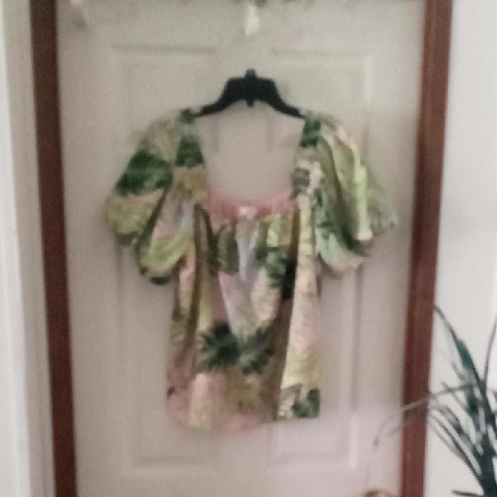 Jade Green and Pink Ruffled Puff Sleeve Blouse